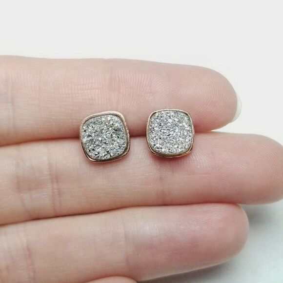 Vintage Sparkly Silver Tone and Rose Gold Tone Setting Square Stud Earrings - Picture 2 of 6
